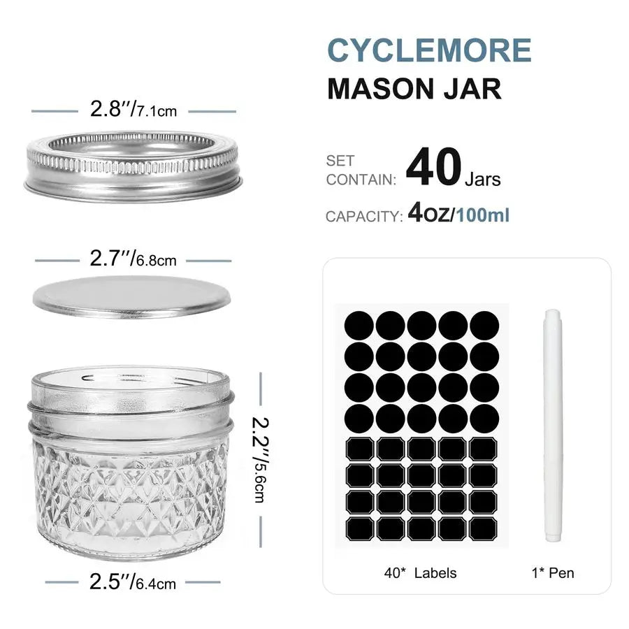 40 Pcs 4oz Clear Glass Mini Mason Jars With Silver Separable Lids and Diamond appearance, Small Spice Canning Jars for Honey, Ja