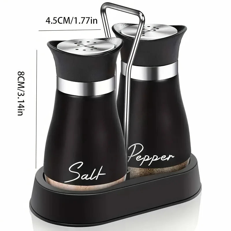 A Set of Pepper and Salt Seasoning Bottles, with A Shaking Stand Added Glass Base, Stainless Steel Lid, Refillable.