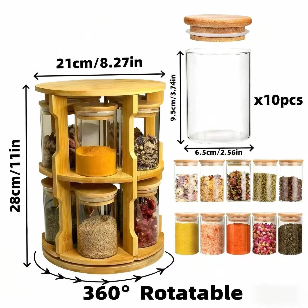 0Pcs+1Pc (Rotating Bamboo Storage Rack) - Glass Storage Container Set, Airtight Spice Jars, Glass Jars with Bamboo Lids, Equipped with a Rotating Bamboo Storage Rack, Kitchen Storage Glass Spice Jar Set, Kitchen Glass Food Storage Containers, Suitable fo