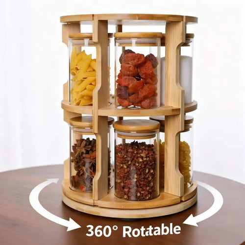 0Pcs+1Pc (Rotating Bamboo Storage Rack) - Glass Storage Container Set, Airtight Spice Jars, Glass Jars with Bamboo Lids, Equipped with a Rotating Bamboo Storage Rack, Kitchen Storage Glass Spice Jar Set, Kitchen Glass Food Storage Containers, Suitable fo