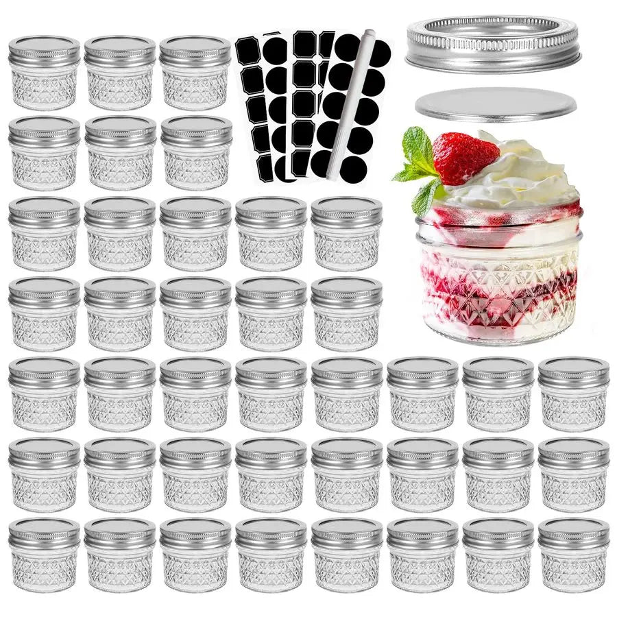 40 Pcs 4oz Clear Glass Mini Mason Jars With Silver Separable Lids and Diamond appearance, Small Spice Canning Jars for Honey, Ja
